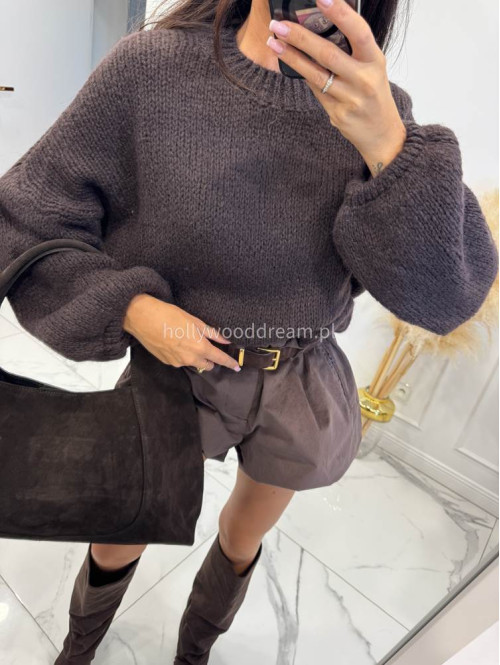 Sweter dziergany z opuszczonymi ramionami czekoladowy Vivien 94 - photo #13