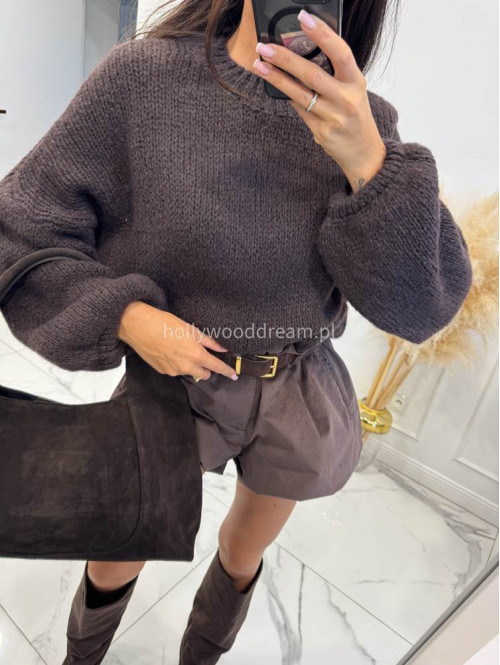 Sweter dziergany z opuszczonymi ramionami czekoladowy Vivien 94 - photo #12