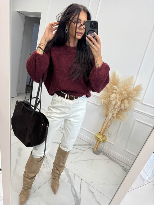 Sweter dziergany z opuszczonymi ramionami Vivien bordowy 94 - photo #1