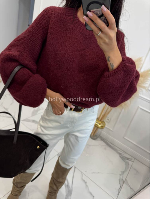 Sweter dziergany z opuszczonymi ramionami Vivien bordowy 94 - photo #5