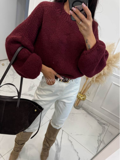 Sweter dziergany z opuszczonymi ramionami Vivien bordowy 94 - photo #6