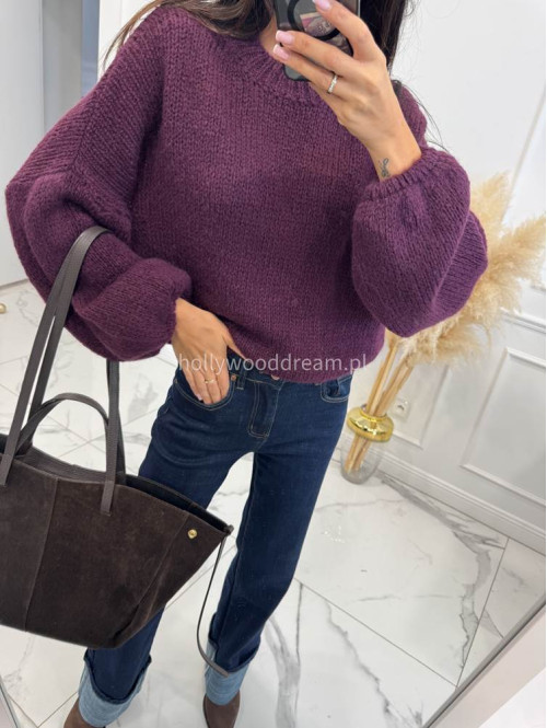 Sweter dziergany z opuszczonymi ramionami Vivien śliwkowy 94 - photo #4