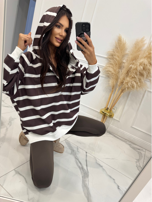 Bluza z kapturem BAWEŁNIANA oversize w paski czekoladowo biała LINIO 83