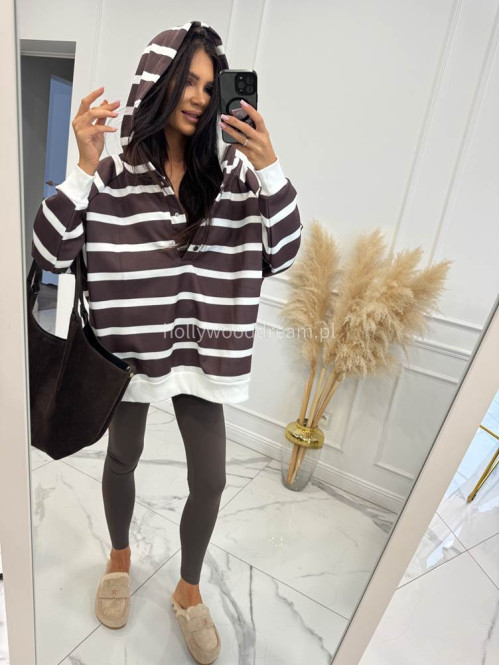 Bluza z kapturem BAWEŁNIANA oversize w paski czekoladowo biała LINIO 83 - photo #1