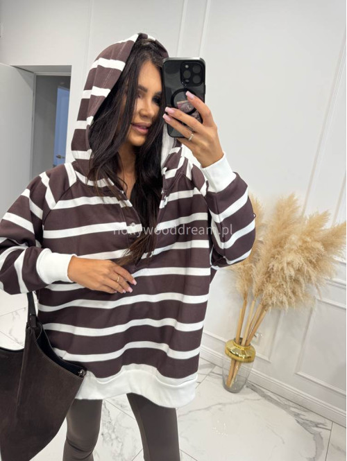 Bluza z kapturem BAWEŁNIANA oversize w paski czekoladowo biała LINIO 83 - photo #3
