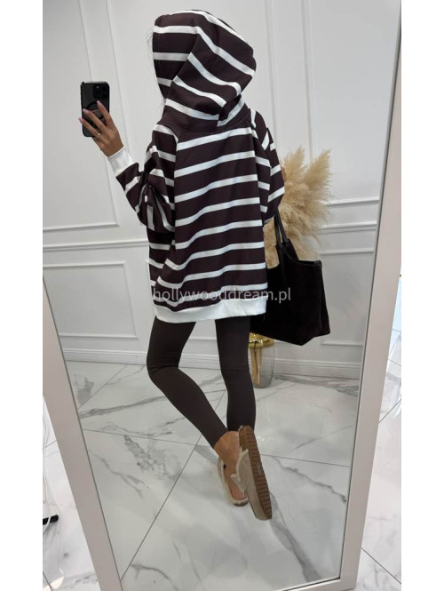 Bluza z kapturem BAWEŁNIANA oversize w paski czekoladowo biała LINIO 83 - photo #4