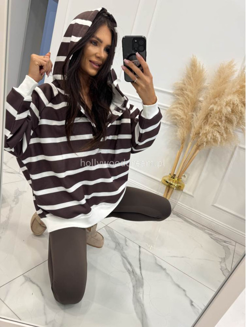Bluza z kapturem BAWEŁNIANA oversize w paski czekoladowo biała LINIO 83 - photo #5