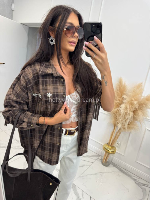Koszula asymetryczna oversize z frędzlami w kratę brązowa DEBORA 94 - photo #10