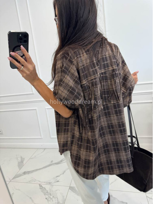 Koszula asymetryczna oversize z frędzlami w kratę brązowa DEBORA 94 - photo #14