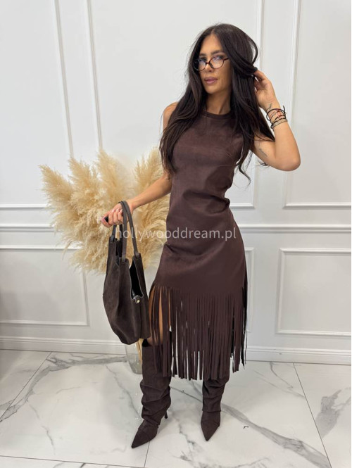 Sukienka midi zamszowa z frędzlami czekoladowa MARCELA 17 - photo #4