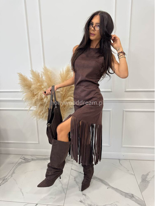 Sukienka midi zamszowa z frędzlami czekoladowa MARCELA 17 - photo #5