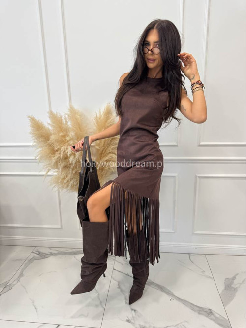 Sukienka midi zamszowa z frędzlami czekoladowa MARCELA 17 - photo #6