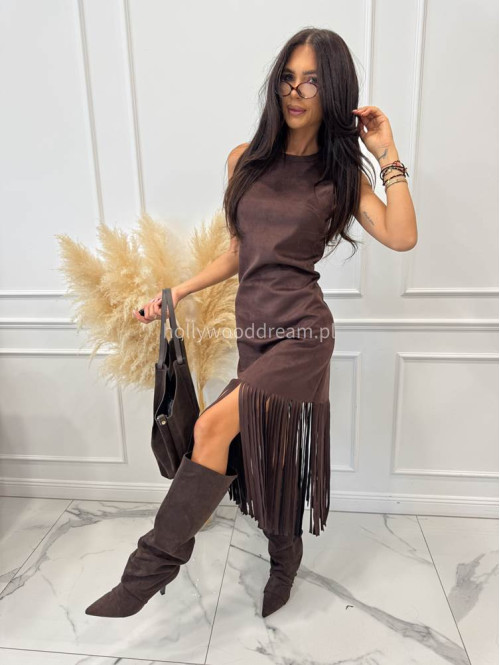 Sukienka midi zamszowa z frędzlami czekoladowa MARCELA 17 - photo #7