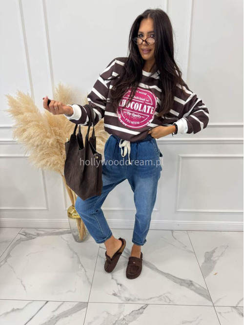 Bluza BAWEŁNIANA w paski z napisem czekoladowo biała CHOCOLATE 83 - photo #1