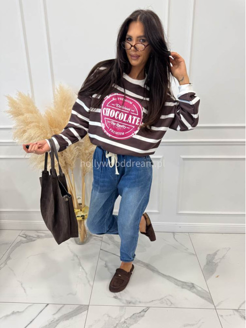 Bluza BAWEŁNIANA w paski z napisem czekoladowo biała CHOCOLATE 83 - photo #4