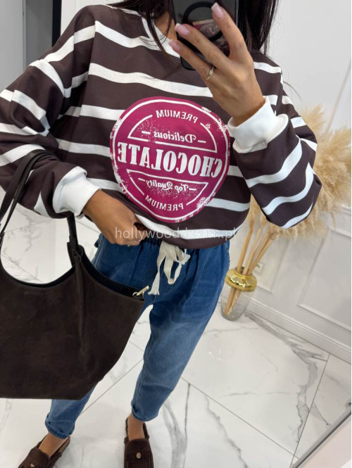 Bluza BAWEŁNIANA w paski z napisem czekoladowo biała CHOCOLATE 83 - photo #8