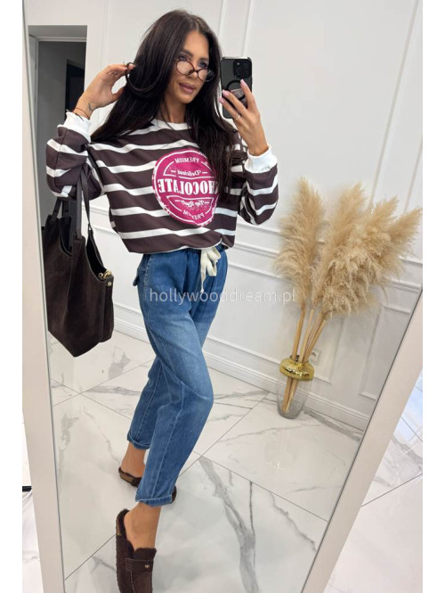 Bluza BAWEŁNIANA w paski z napisem czekoladowo biała CHOCOLATE 83 - photo #11