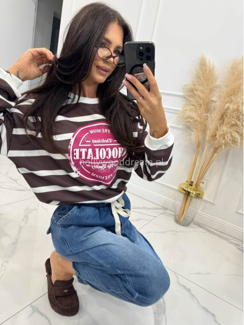 Bluza BAWEŁNIANA w paski z napisem czekoladowo biała CHOCOLATE 83 - photo #12