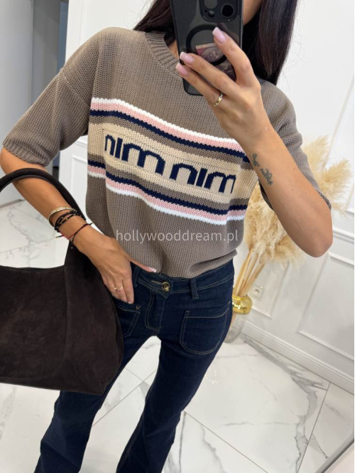Sweter na krótki rękaw z napisem mleczna czekolada z różowym MILAN 44 - photo #6