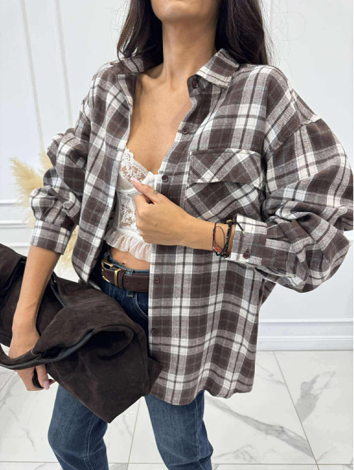 Koszula oversize 100% bawełna w kratę czekoladowo-kremowa MONIKA 06 - photo #31