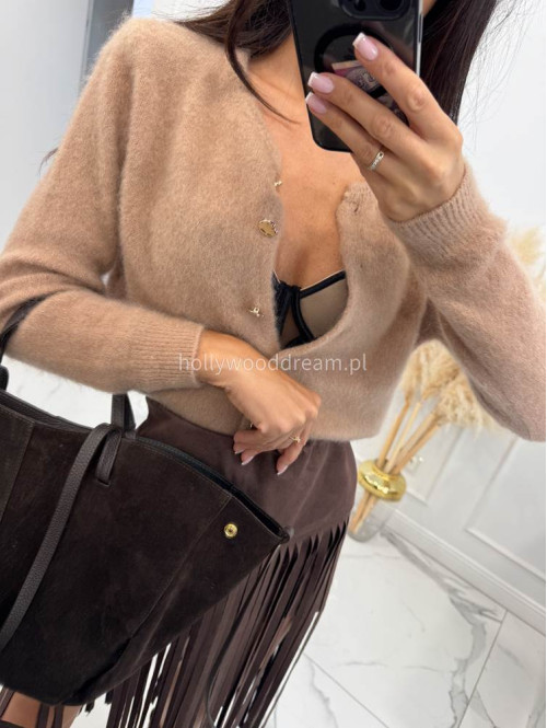 Sweter moherowy z okrągłym dekoltem zapinany na złote guziki karmel TYMEK 06 - photo #9