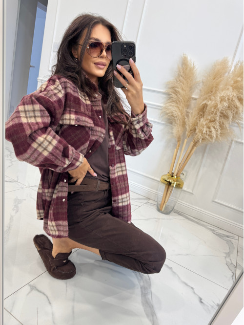 Kurtka flanelowa w kratę oversize zapinana na napy bordo Olivia 09