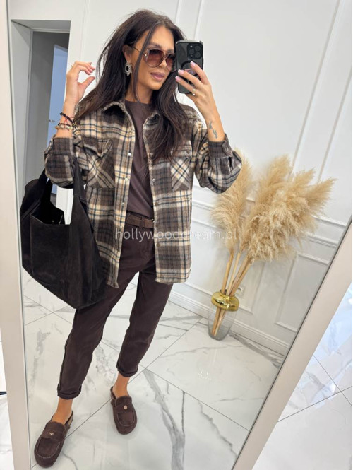Kurtka flanelowa w kratę oversize zapinana na napy beżowa Olivia 09 - photo #1