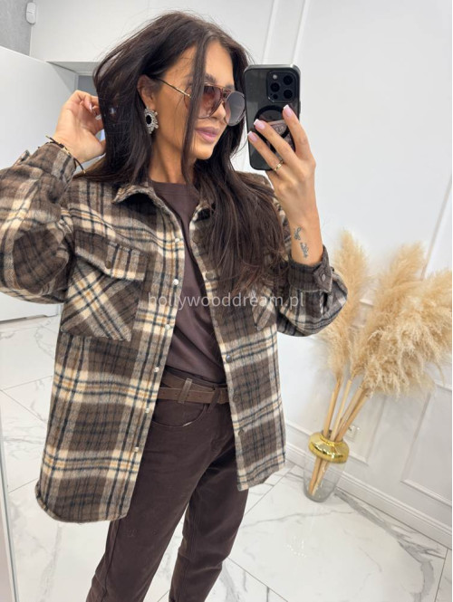 Kurtka flanelowa w kratę oversize zapinana na napy beżowa Olivia 09 - photo #8