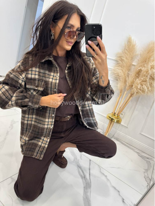 Kurtka flanelowa w kratę oversize zapinana na napy beżowa Olivia 09 - photo #11
