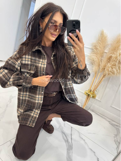 Kurtka flanelowa w kratę oversize zapinana na napy beżowa Olivia 09 - photo #12