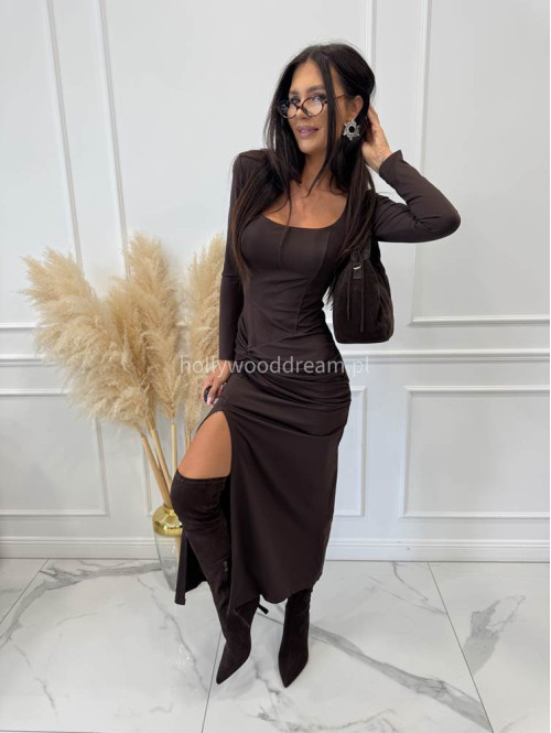 Sukienka maxi z gorsetową górą, pętelką w talii i rozcięciem na nogę czekoladowa LENA 19 - photo #7