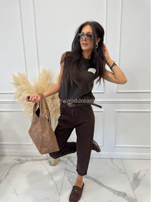 Spodnie jeans z naszywką na tylnej kieszeni czekoladowe DENIM 192 - photo #9