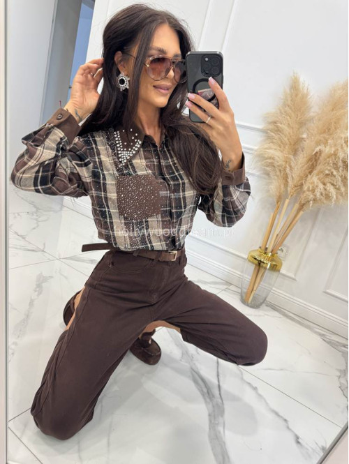 Spodnie jeans z naszywką na tylnej kieszeni czekoladowe DENIM 192 - photo #17