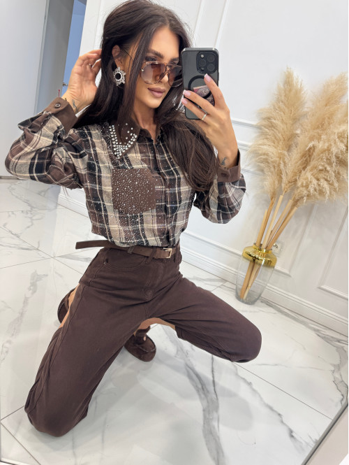 Spodnie jeans z naszywką na tylnej kieszeni czekoladowe DENIM 192 - photo #25