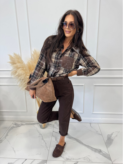 Spodnie jeans z naszywką na tylnej kieszeni czekoladowe DENIM 192 - photo #26