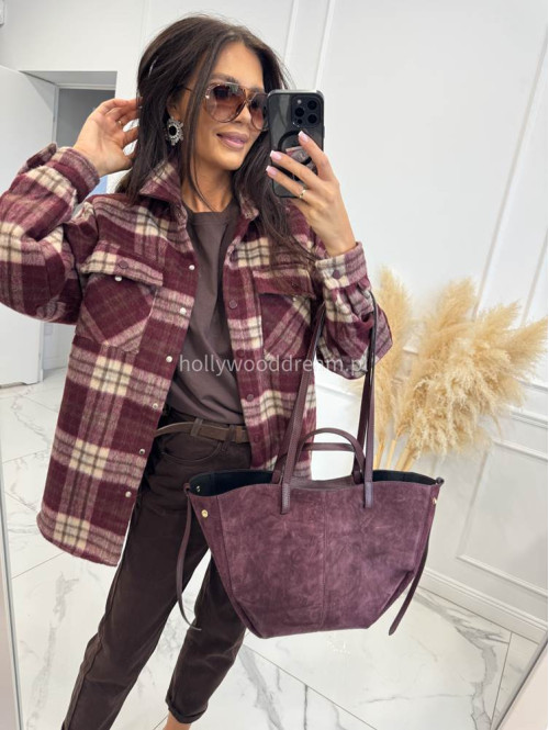Torebka średnia shopper zamsz + skóra z wkładem bordowa NOE - photo #8
