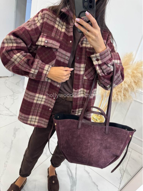 Torebka średnia shopper zamsz + skóra z wkładem bordowa NOE - photo #9