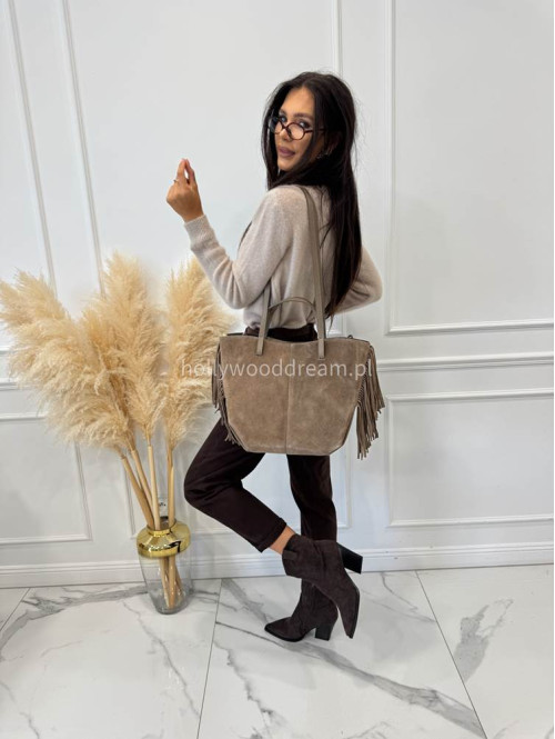 Torebka shopper zamszowa duża z frędzlami beżowa KAJA - photo #3