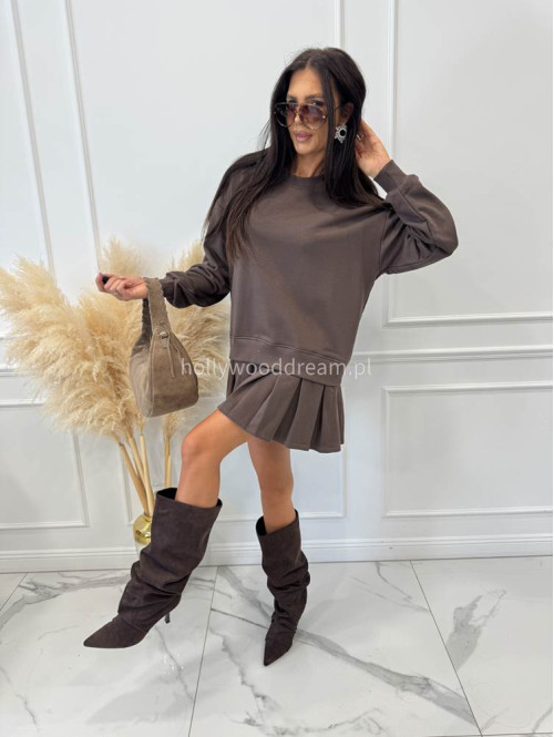 Tunika oversize z plisowaną spódnicą czekoladowa Julia 44 - photo #10