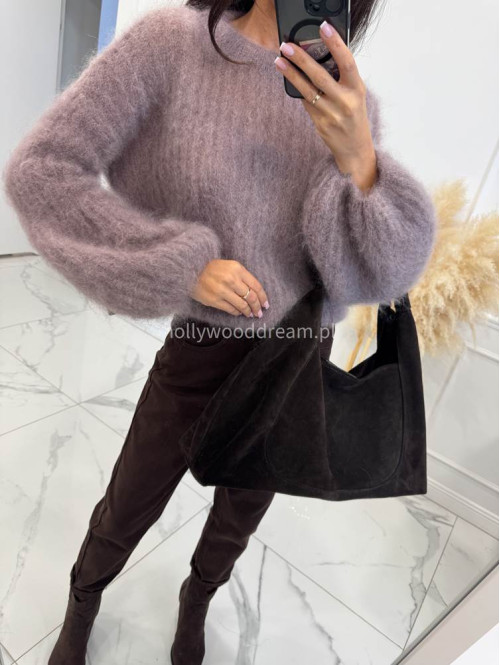 Sweter moherowy z poszerzanymi rękawami mokka WALENCJA 52 - photo #10