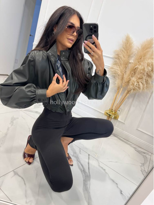 Kurtka z eko skóry z marszczeniami na ramionach khaki Fabiola 69 - photo #10