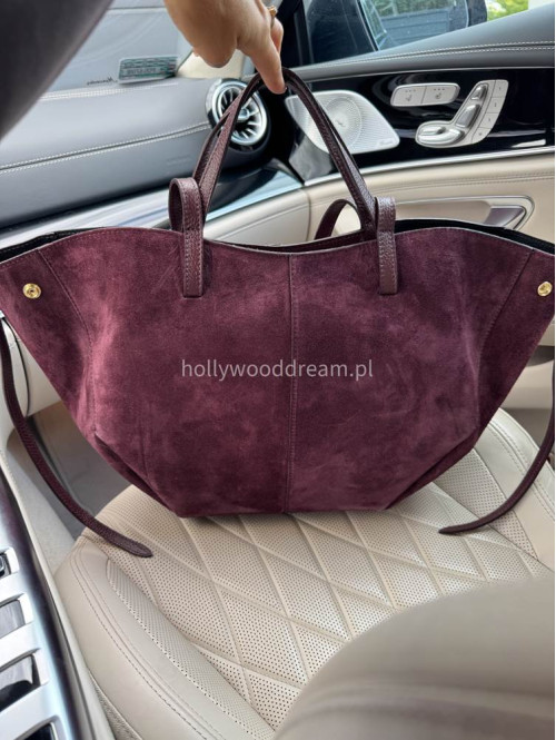 Torebka średnia shopper zamsz + skóra z wkładem bordowa NOE