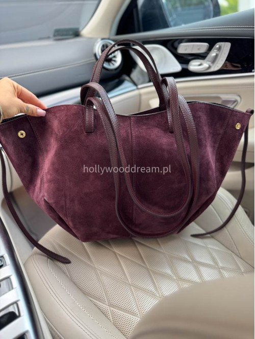 Torebka średnia shopper zamsz + skóra z wkładem bordowa NOE - photo #17