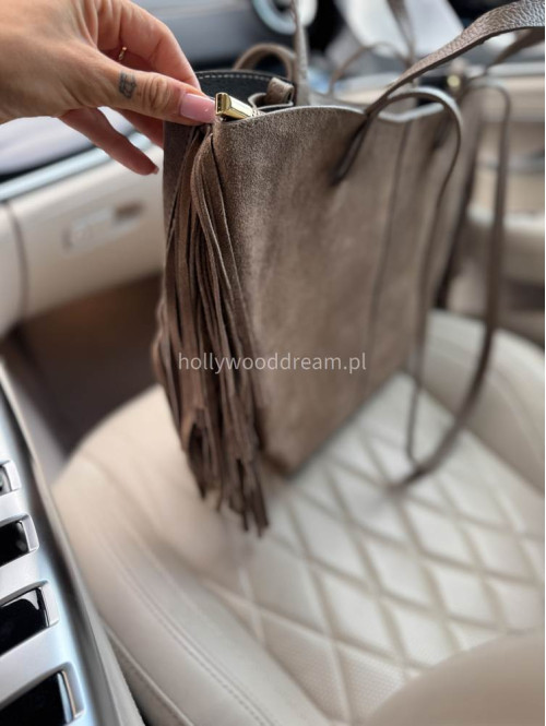Torebka shopper zamszowa duża z frędzlami beżowa KAJA - photo #8