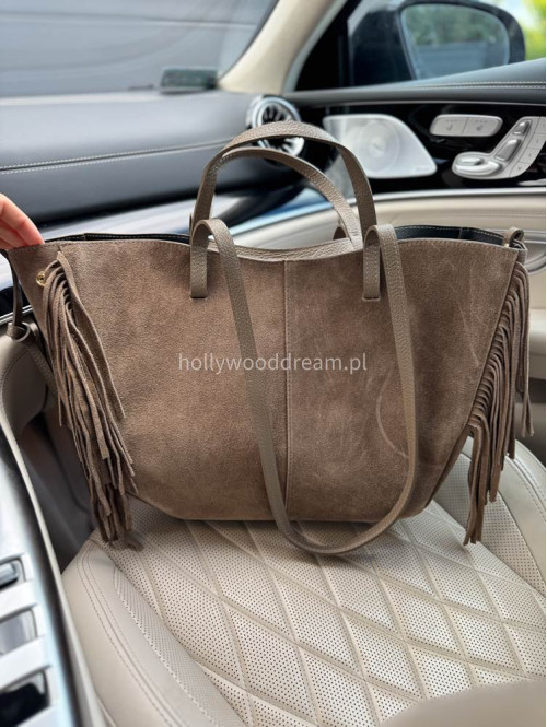 Torebka shopper zamszowa duża z frędzlami beżowa KAJA - photo #10