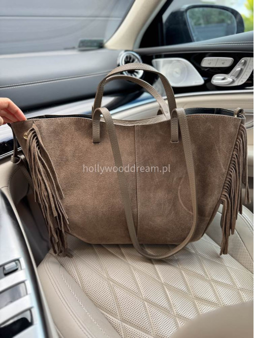 Torebka shopper zamszowa duża z frędzlami beżowa KAJA - photo #11