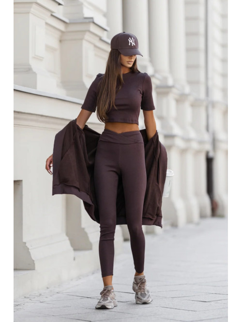 Komplet 3-częściowy bluza+crop top+legginsy czekoladowy DIONIZY 121