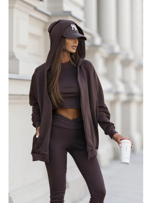 Komplet 3-częściowy bluza+crop top+legginsy czekoladowy DIONIZY 121 - photo #2