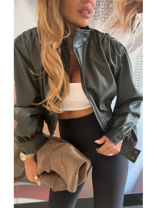Kurtka z eko skóry z marszczeniami na ramionach khaki Fabiola 69 - photo #18