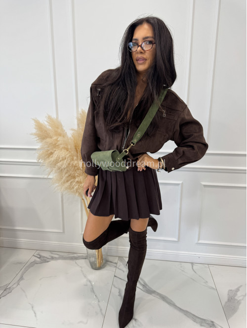 Spódniczka mini rozkloszowana z plisowaniem sweterkowa czekoladowa Ilona 09 - photo #3